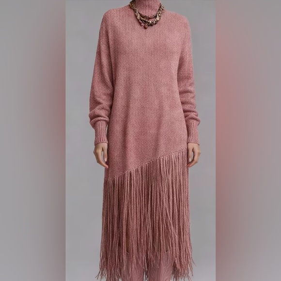 Elegant Muted Pink Fringe Sweater Dress - Picture 5 of 7
